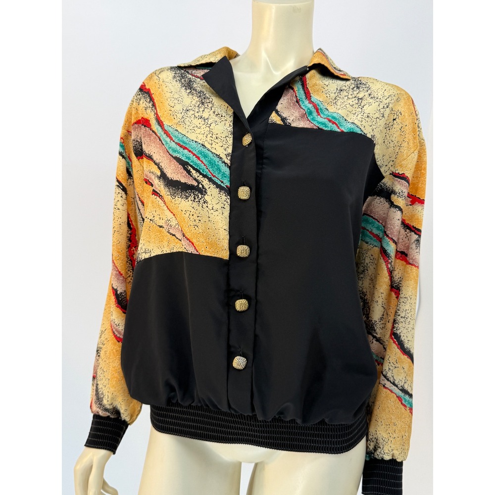 Vintage 90s Funky Abstract Print Long Sleeve Blouse Black Gold Button 14